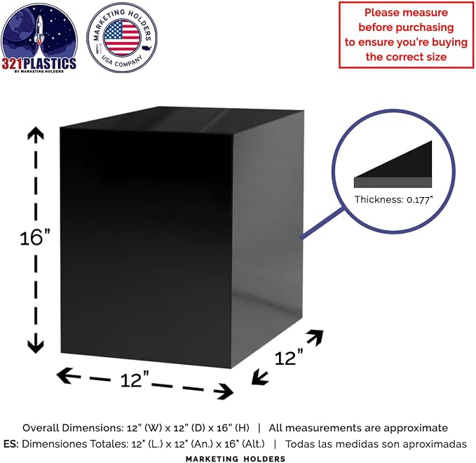 Marketing Holders 2 Pack 12" x 12" x 16" Glossy Black Acrylic Display Box with One Open Side No Lids Versatile Tall Retail Product Riser or Merchandise Storage Bin