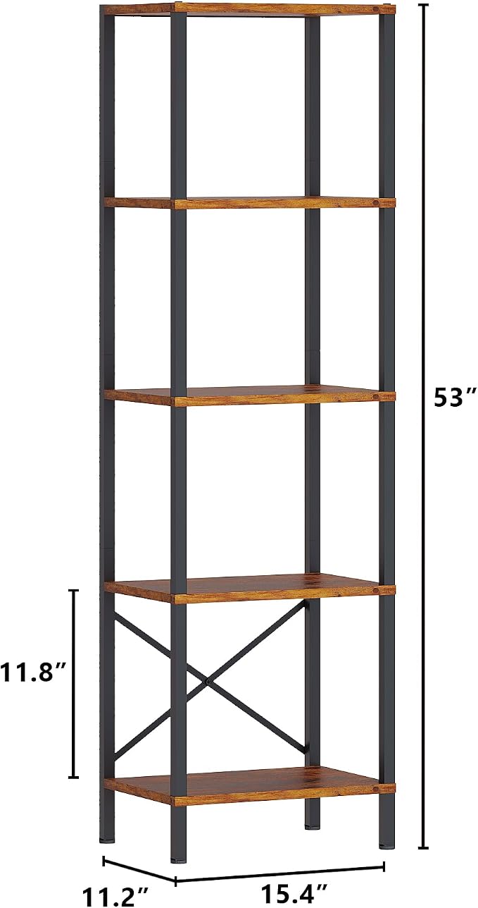 JARHETUN 5-Tier Bookshelf, Tall Narrow Bookcase with LED Lights, Book Shelf with Steel Frame, Office Furniture, Display Storage Shelf for Living Room, Bedroom, Study, Balcony, Rustic Brown