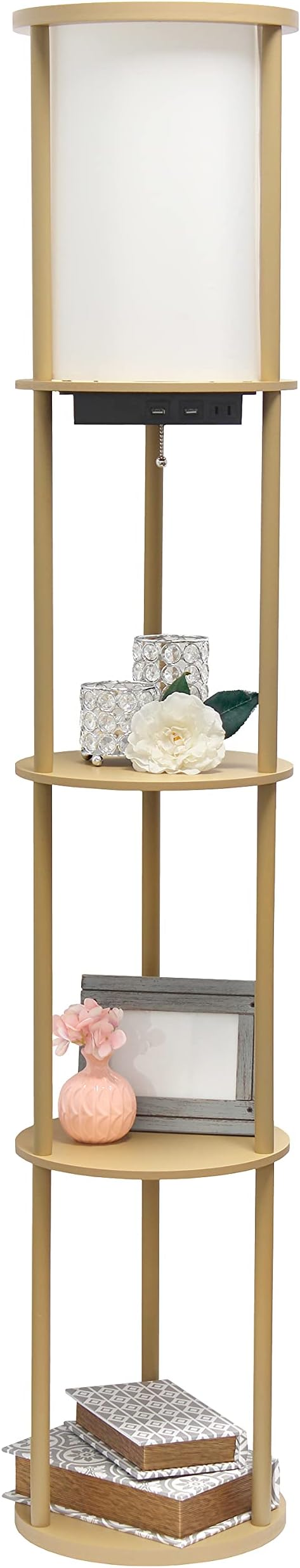 Simple Designs LF2010-TAN 62.5" Round Modern Shelf Etagere Organizer Storage Floor Lamp with 2 USB Charging Ports, 1 Charging Outlet and Linen Shade for Living Room Bedroom Office, Tan