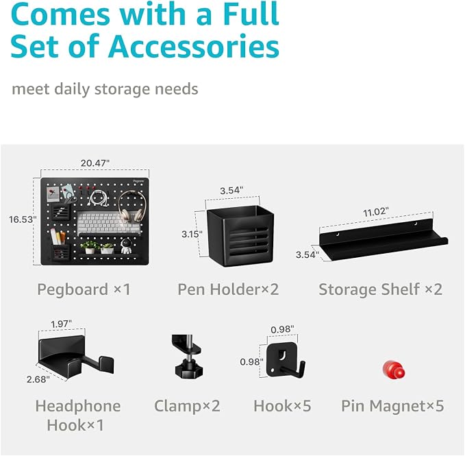 Clamp on Desk Pegboard, 20.4" x 16.5", with 15 Accessories, Black | Magnetic Metal Peg Board, Desk Organizer for Office Gaming Home, Privacy Panel, Large