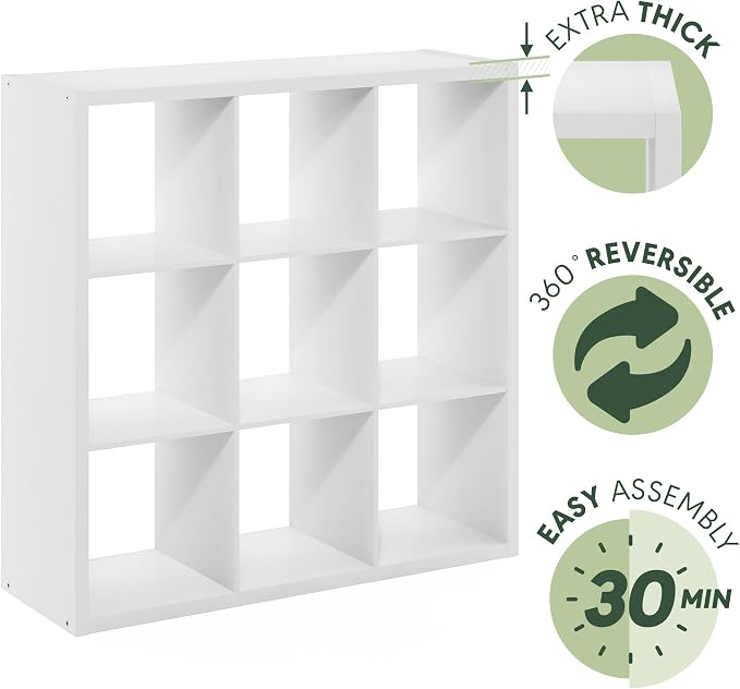 Furinno Cubicle Book Shelf, 9-Cube Bookshelf, Extra Thick Frame Reversible Tall Wide Bookcase with Open Back, 14.6 x 44 x 44, for Living Room, Bedroom, Home Office, Plain White