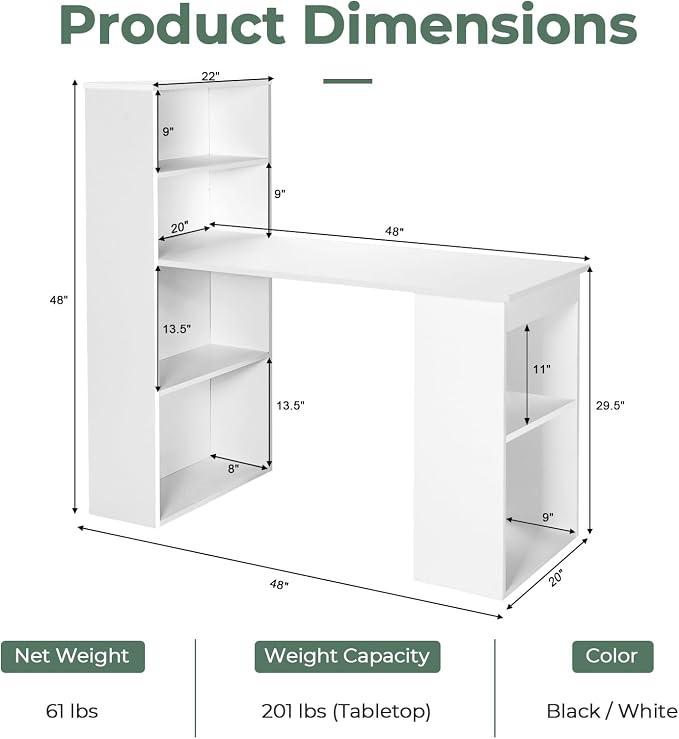 GRAFFY Computer Desk with 6 Storage Shelves - 48" Reversible Writing Desk Workstation with Bookshelf and CPU Stand, Modern Compact Office Desk for Bedroom, Study, Home, Office (White) | Reversible Writing Desk with 6 Storage Shelves, Modern Compact Off...