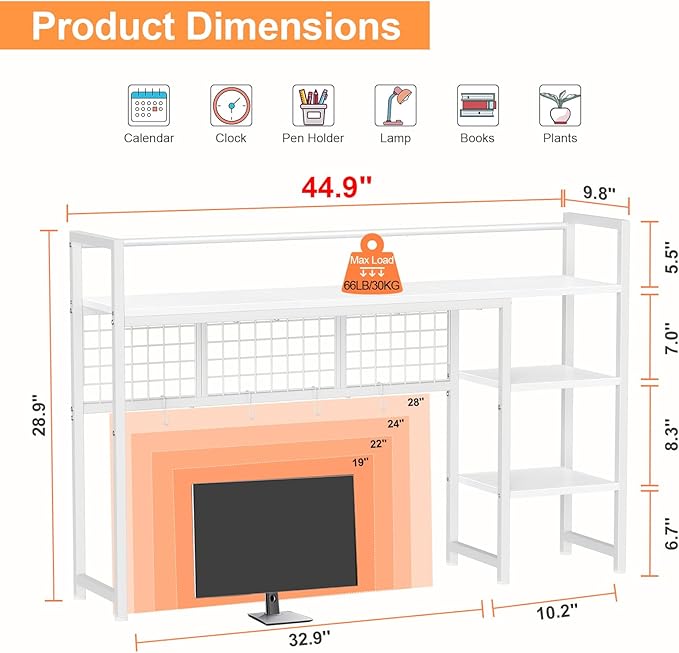 Snughome Desk Shelf, 44.9" Desktop Organizer Shelf, Desk Hutch for Computer Monitor, 4 Tier Desk Display Rack with Pegboard Hooks Set, Wood Desktop Bookshelf for Home Office Dorm