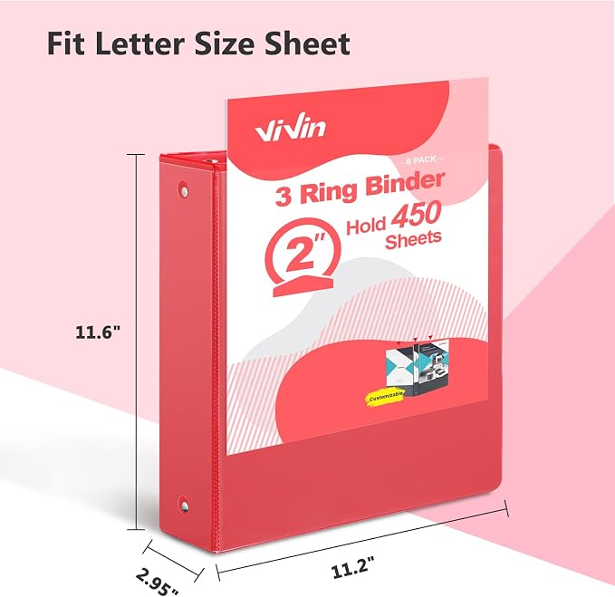 ViVin 2 Inch Round Ring View Binder for Durability, 6-Pack (Red) | Standard 3 Ring Binder for 450 Sheets of US Letter Size Paper, PVC-Free, Clear Front Pocket, Office Home School Use