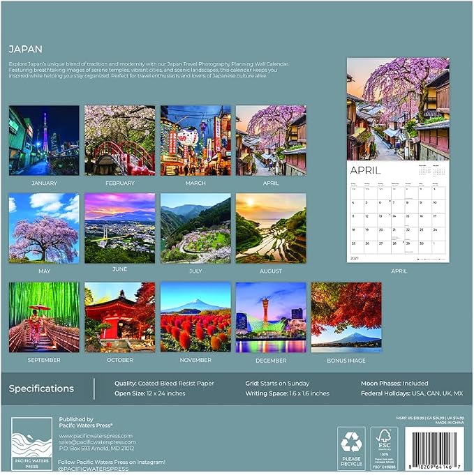 Japan 2027 Wall Calendar, 12 x 24 Hanging Pacific Waters Press