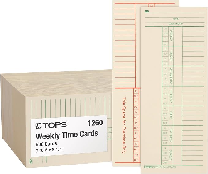 TOPS Time Cards, Weekly, 2-Sided, Named Days, 3-3/8" x 8-1/4", Manila, Green/Red Print, 500-Count (1260)