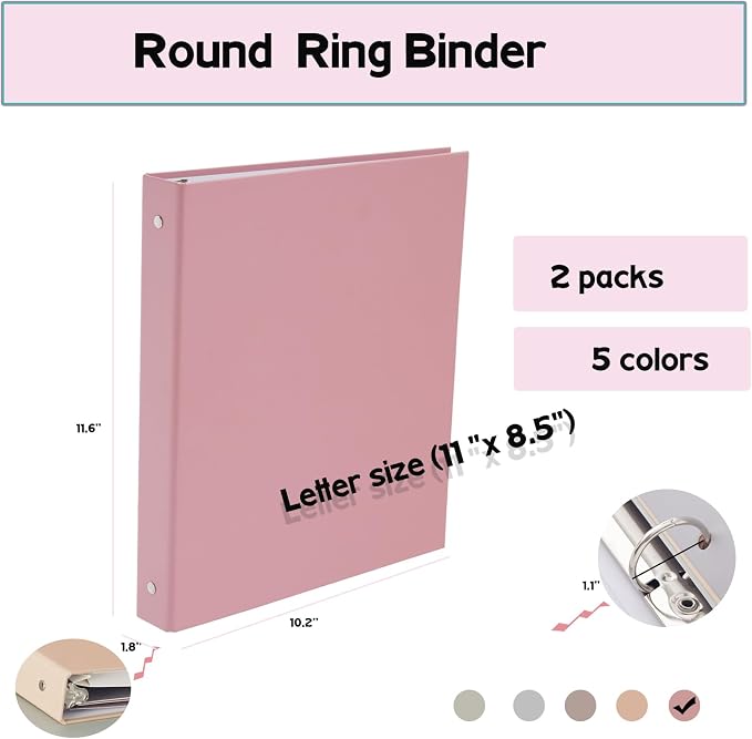 2-Pack, 3-Ring Pocket, Fashionable Color Binder 1-inch, Suitable for Letter Size (11 "x 8.5"), Beautiful and Cute Binder Suitable for School and Office Supplies, Pink Color