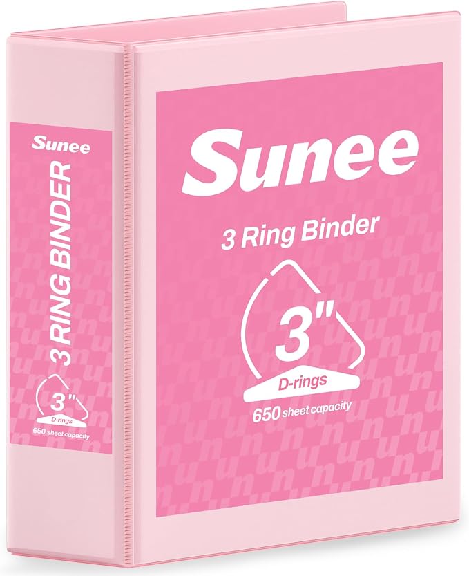 SUNEE 3 Ring Binder - 3 Inch D Ring, Clear View PVC-Free (Fit 8.5x11 Inches) for School or Office, Pink, 1 Pack