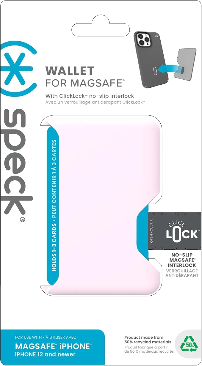 Speck iPhone Wallet MagSafe Accessory - Removable ClickLock No-Slip Interlock - Holds 1-3 Cards - Soft Touch Finish, Scratch Resistant Card Holder Built for MagSafe - Nimbus Pink/Pale Violet