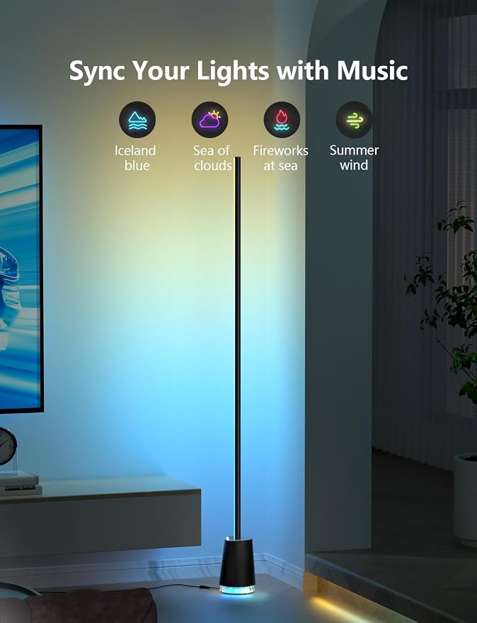 Lanmonlily Corner Floor Lamp, 1600lm RGB Corner Lamp, with Bluetooth Speaker and White Noise, Compatible with Alexa & Google, 16 Million DIY Colors, Sync with Music, for Bedroom &Living Room