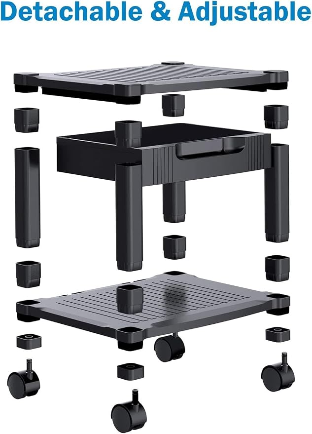 HUANUO Printer Stand with Cable Management and Storage Drawer, Printer Table with Locking Wheels, 14.1-inch Maximum Height Printer Cart for Under Desk, Home, Office, HNDPS | Cable management, 17.2 x 13.2 inch top shelf, adjustable height, 38.5 lbs capa...