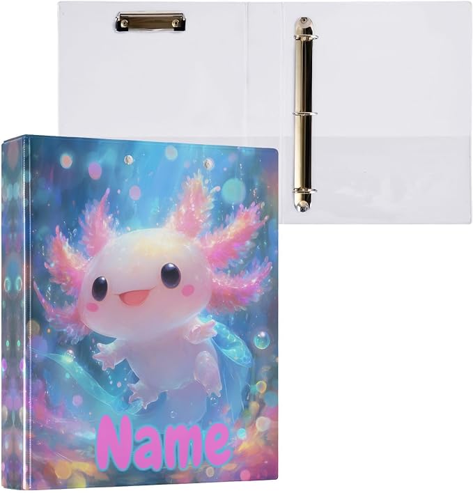 Custom 3 Ring Binder Shiny Axolotl 1.5" Round Ring Binders Personalized Name View Binder with 200 Sheet for Kids School Supplies Women Men Office, 1 Pack