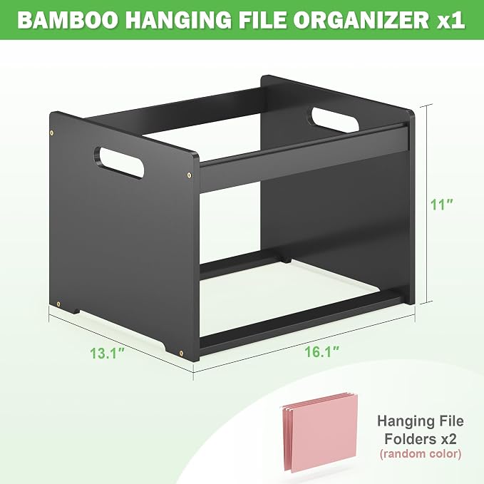 Wisue Essentials Bamboo Hanging File Box Organizer, Wood File Folder, Black