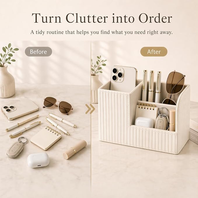 Desk Pen Organizer Office Supplies Caddy Pu Leather Multi-function Storage Box Pen/Pencil,Cell phone, Business Name Cards Remote Control Holder (Ivory White)