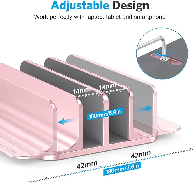 OMOTON Dual Vertical Desk Laptop Stand Holder, Fits MacBook Air, Rose Gold | Aluminum Laptop Storage Rack for Desk, Adjustable Dock for Up to 17.3 in. Gaming Laptop, Space-Saving Desk Organizer