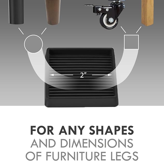 VOCOMO 2X2 Rubber Caster Cups, Non Slip Furniture Pads, Anti-Slip Furniture Gripper, Anti Skid Furnitures Feet, Anti Slide Floor Protector for Bed Couch Table Chair Stoppers - 4 Pack, Black