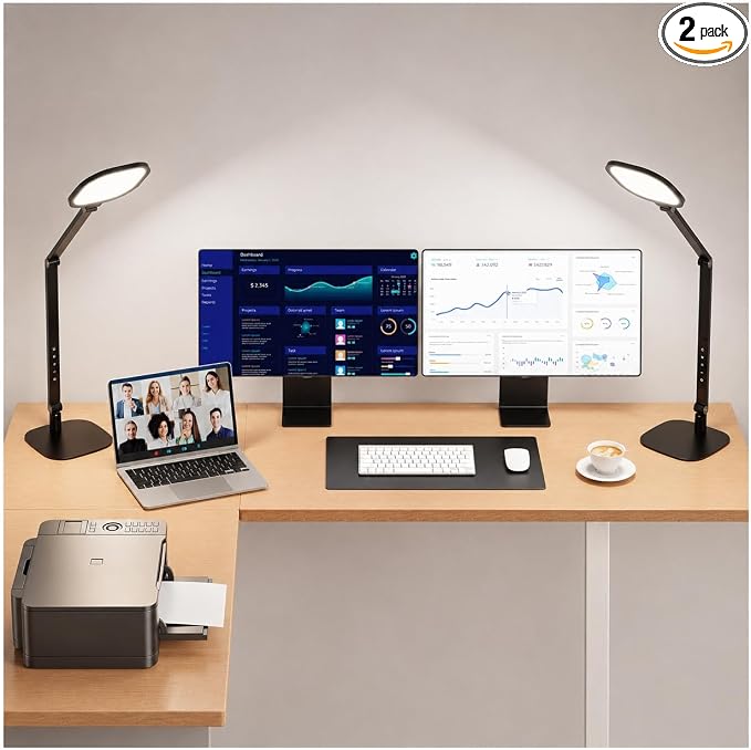 LED Desk Lamp for Home Office, Soft Edge-lit Design, Modern Style | Professional Eye-Caring Diffused Light, Dimmable Computer Light with 30 Modes, Memory & Timer, Flexible Swing Arm Table Lamp