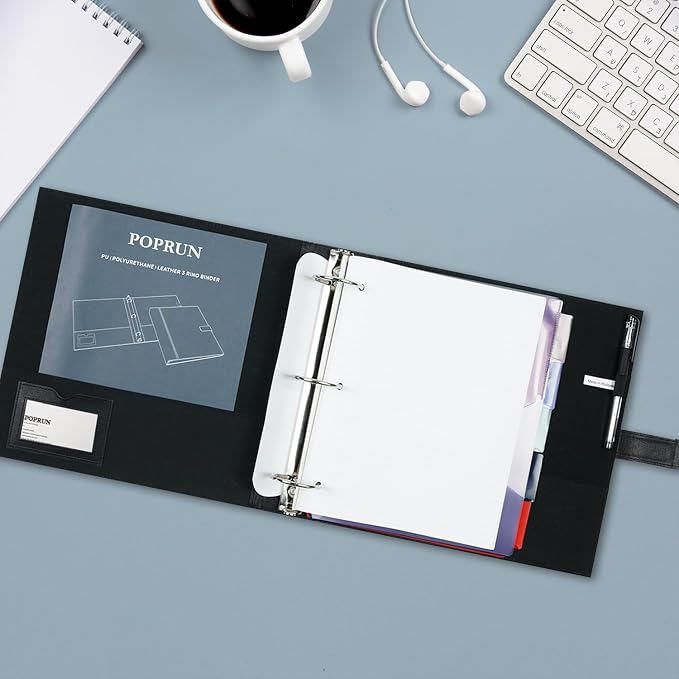 POPRUN 1.5 Inch PU Leather Portfolio Binder, Letter Size, Black | 1.5" Ring, Letter Size, PU Leather, Dividers, Card Slots, Storage Pockets, Business, Office
