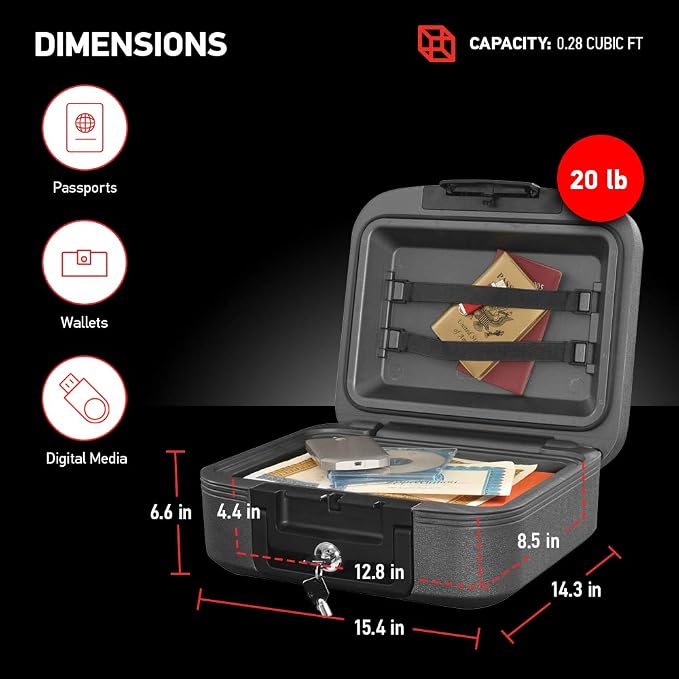 SentrySafe Charcoal Gray Fireproof and Waterproof Safe Box with Key Lock, Portable Chest for Money, Passport, 0.28 Cubic Feet, 6.6 x 15.4 x 14.3 Inches, CHW20221 | Fire and Water Resistant Protection, Key Lock Security, Portable Chest Safe Protects Val...