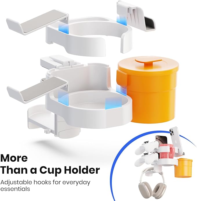 7-in-1 Cup Holder - EURPMASK Desk Organizer with Headphone, Controller Holder, Snack Bucket, and Phone Holder, Clamp-On Desk Accessory with Sturdy Large Storage, Easy to Install, White
