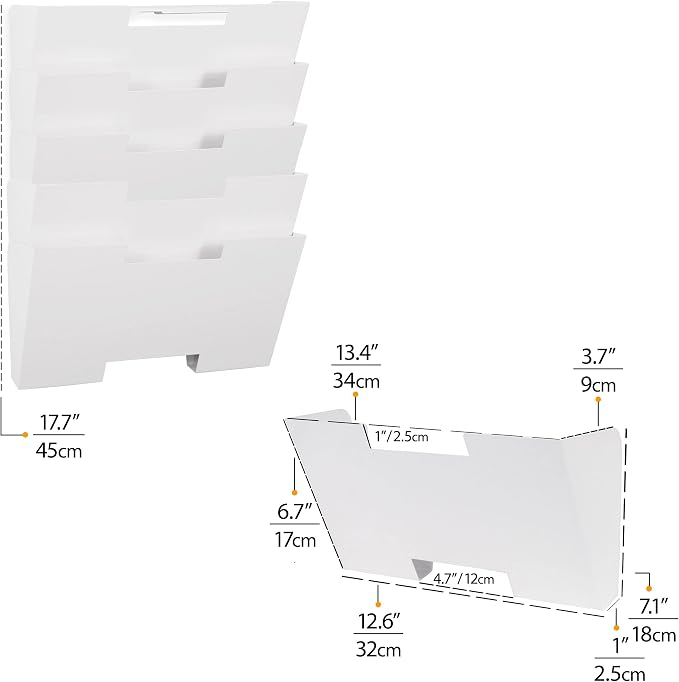 Wallniture Lisbon Metal Wall File Holder Organizer, Wall Mount File Holder, 5-Tier Office Decor and Magazine Holder, File Folders Letter Size White Rack