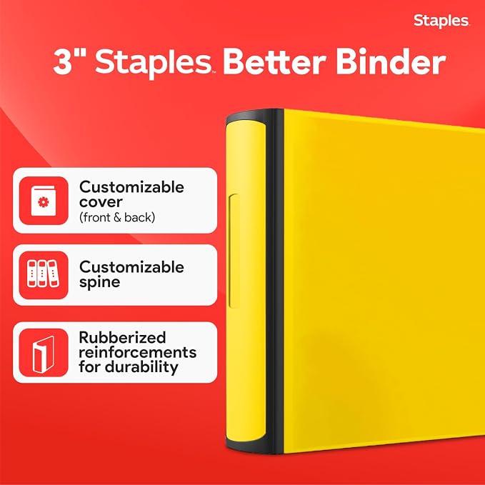 Staples Heavy-Duty 3-Inch D-Ring Binder, Yellow, Holds 600 Sheets | Large-capacity 3-ring binder for school and office document storage.