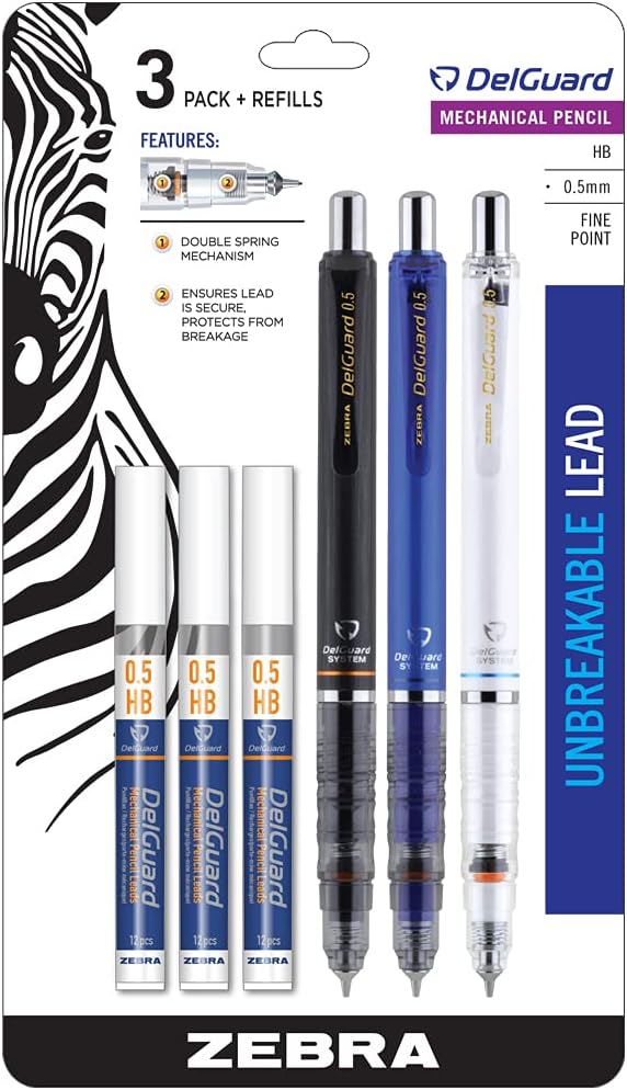 Zebra Pen DelGuard Asstd Barrel Mechanical Pencil, 0.5mm, Fine Point, 3-Pk