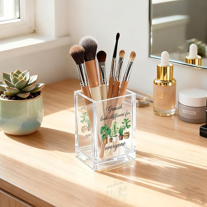 QYUVK Growth Looks Different for Everyone Acrylic Cosmetic Pencil Holder Cup, Funny Plant Pen Holder for Women Teacher, Home Office Classroom Desk Accessories, Inspirational Gifts for Coworker Friend