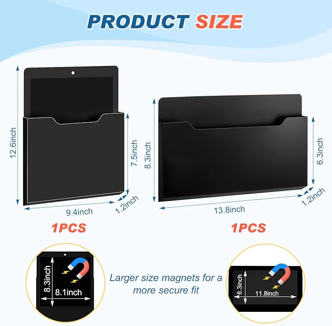 Feifeiya 2 Pcs Magnetic File Folder Wall Hanging Holder Large Pocket Paper Magazine Mail Organizer for Refrigerator Classroom Locker Whiteboard(Mixed,Black,13.8 x 8.3 Inches,12.2 x 9.4 Inches)