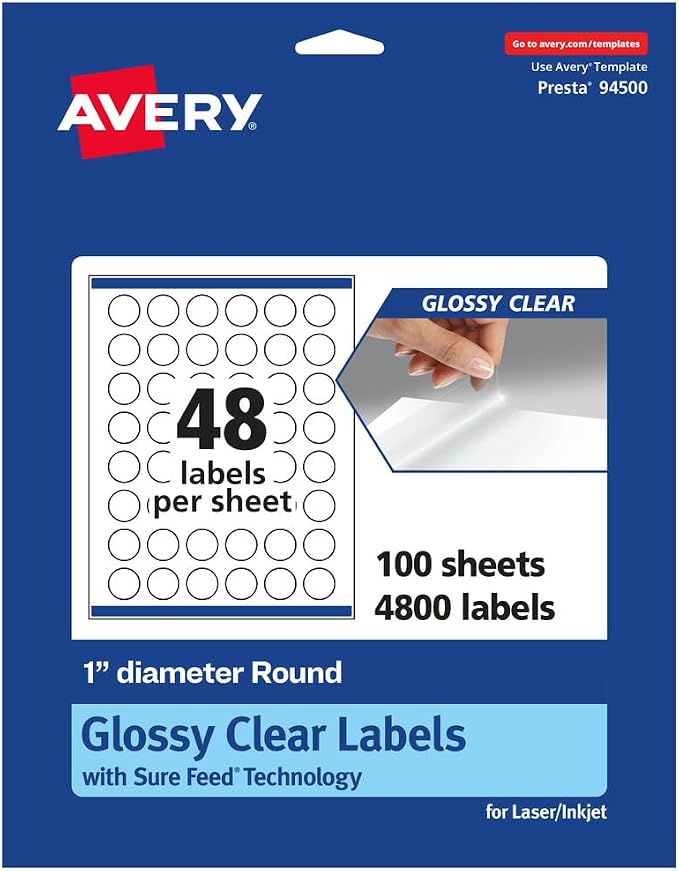 Avery® Glossy Clear Round Labels, Sure Feed® Technology, 1" Diameter, 4,800 Glossy Clear Labels, Print-To-The-Edge, Laser/Inkjet Printable