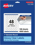 Avery® Glossy Clear Round Labels, Sure Feed® Technology, 1" Diameter, 4,800 Glossy Clear Labels, Print-To-The-Edge, Laser/Inkjet Printable