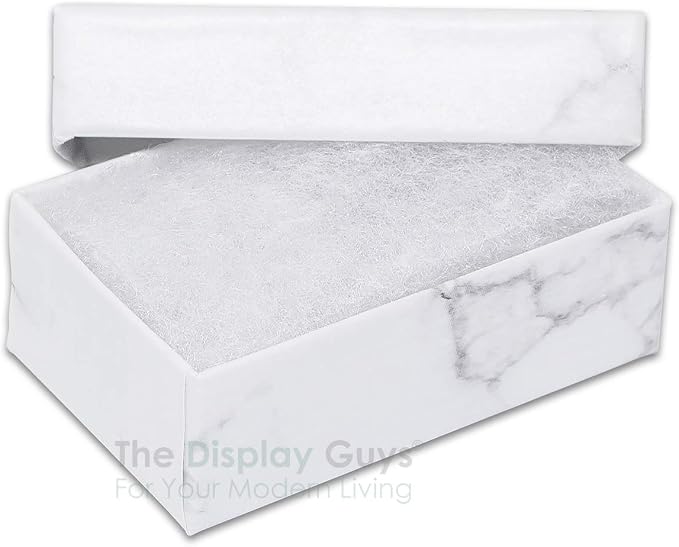 TheDisplayGuys 25 Cardboard Jewelry Gift Boxes with Inserts - Marble White | Size #11 - 2.1" x 1.8" x 0.8", Lids, Cotton Filled Padding, Kraft Paper, Bulk Pack Case, for Shipping, Organizers, Storage