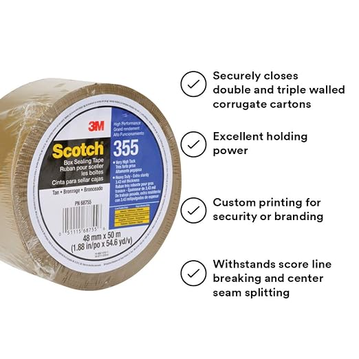 3M Scotch 355 Industrial-Grade Packing Tape, Tan, 48 mm x 50 m, 1 Pack