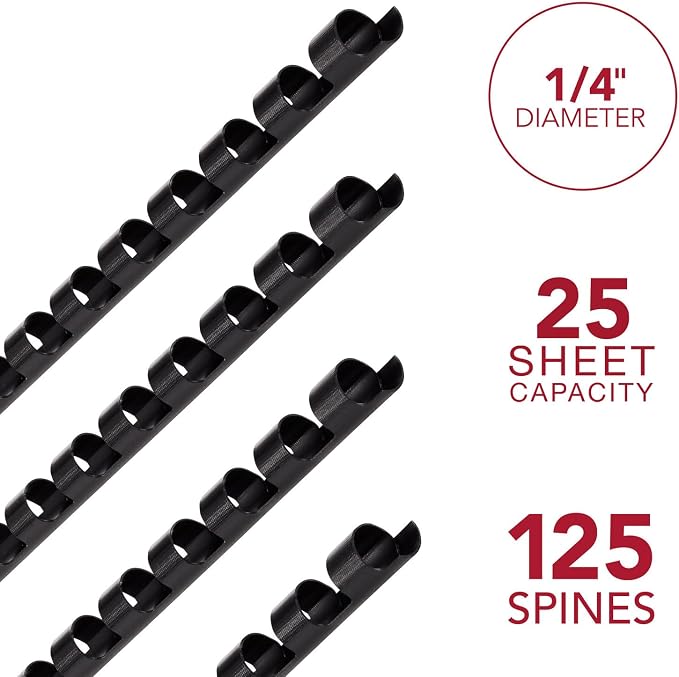 Mead CombBind Binding Spines/Spirals/Coils/Combs, 1/4", 25 Sheet Capacity, Black, 125 Pack (4000130)
