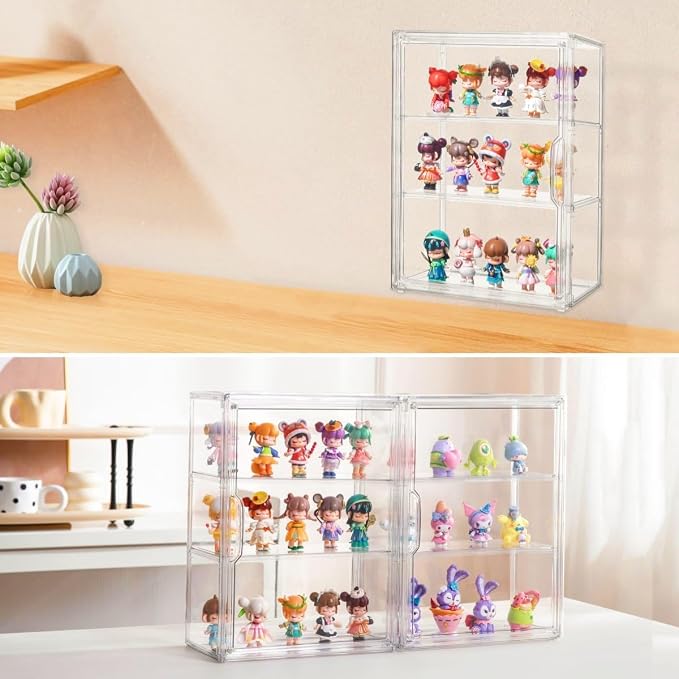 Attelite 4Pack Acrylic Display Cases for Collectibles,Wall-Mounted Desktop | Clear Showcase for Figures, 2 Adjustable Dividers, 3 Layer Acrylic Box, Tool-free Assembly, Magnetic Door, Stackable