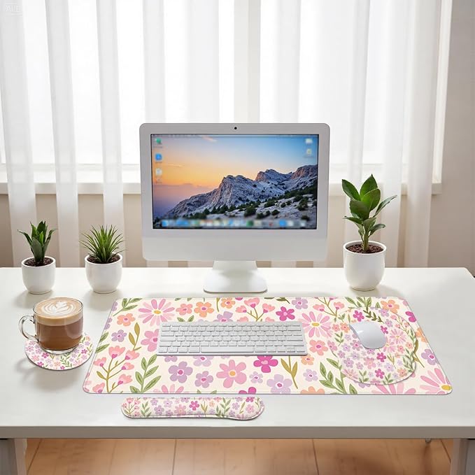 Flowers Mouse Pad Set Pastel Pink Purple Spring Gaming Mousepad 4in1 Desk Mat for Desktop Anti-Slip XXL Big Computer Ergonomic Mousepad with Wrist Support for Keyboard and Mouse