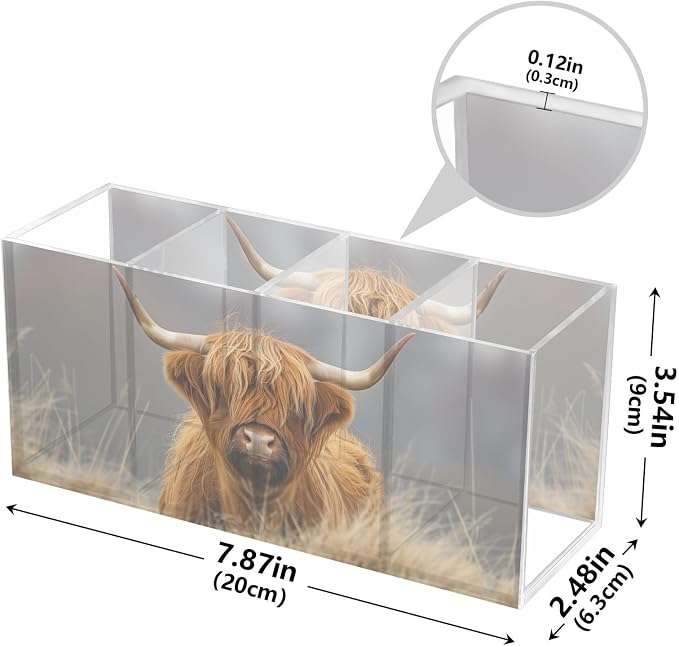 Highland Cow Cattle Acrylic Pencil Pen Holder Desk Accessories Holder, Cosmetic Brush Organizer Modern Design Desktop Stationery Organizer for Office School and Home 7.87 x 2.48 x 3.54 In