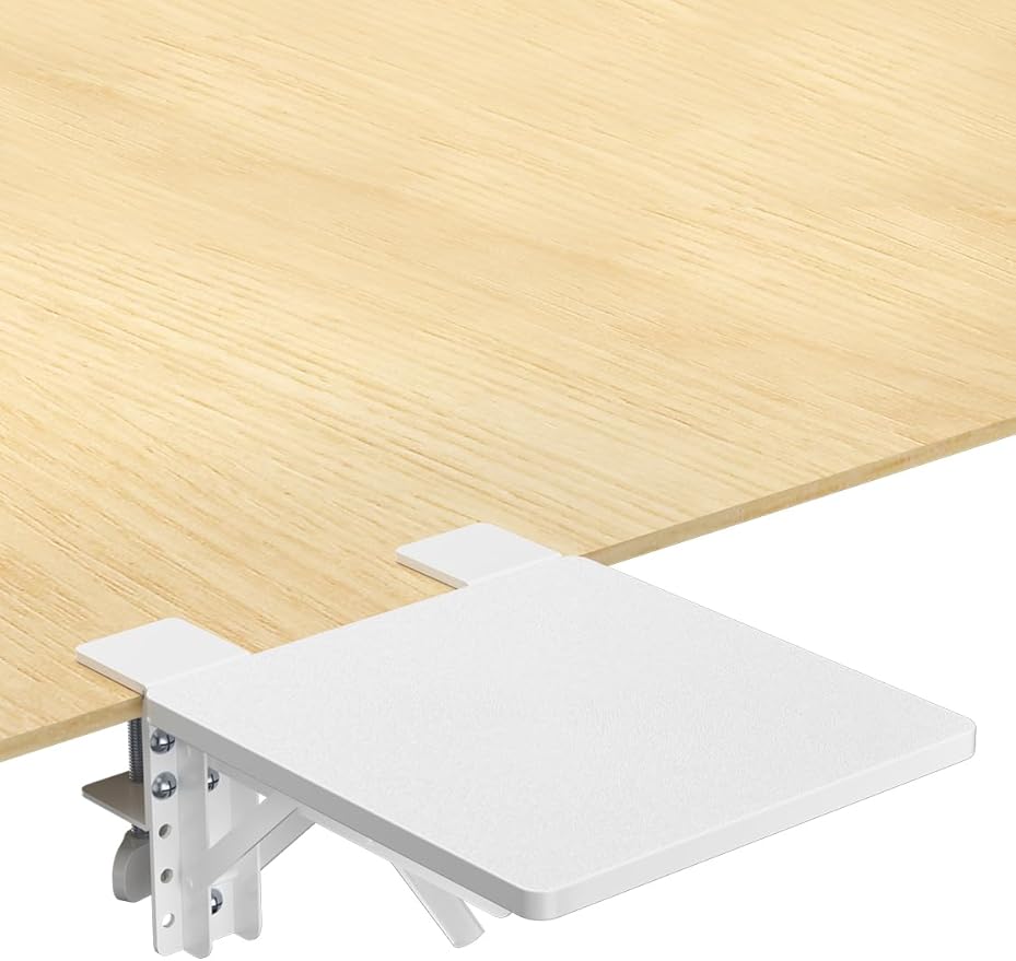 suptek Ergonomics Desk Extender Tray, 9.5"x9.1" Clamp on Table Mount Arm Wrist Rest Shelf, 90° Foldable Computer Arm Rest for Desk, White, DSF3W
