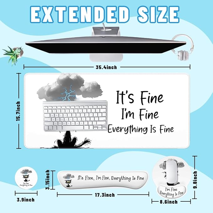 Black Cat Mouse Pad Set It's Fine I'm Fine Everything is Fine Gaming Mousepad 4in1 Desk Mat for Desktop Anti-Slip XXL Big Computer Ergonomic Mousepad with Wrist Support for Keyboard and Mouse