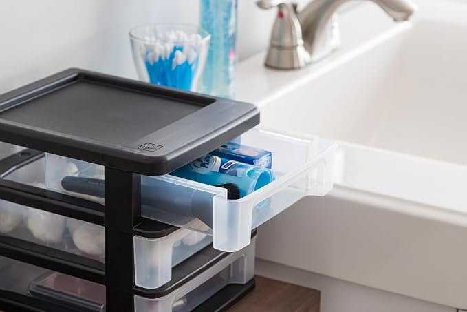 IRIS USA 2-Pack, 3-Drawer Small Plastic Stacking Desktop Organizer, Black | Organize office supplies, stationery, makeup, craft materials and everyday essentials for neat desktop storage