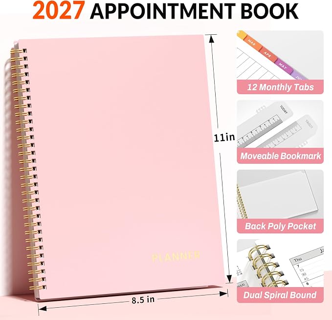 SUNEE 2027 Appointment Book, Quarter-Hourly, Weekly Monthly Planner, 8.5"x11",Pink