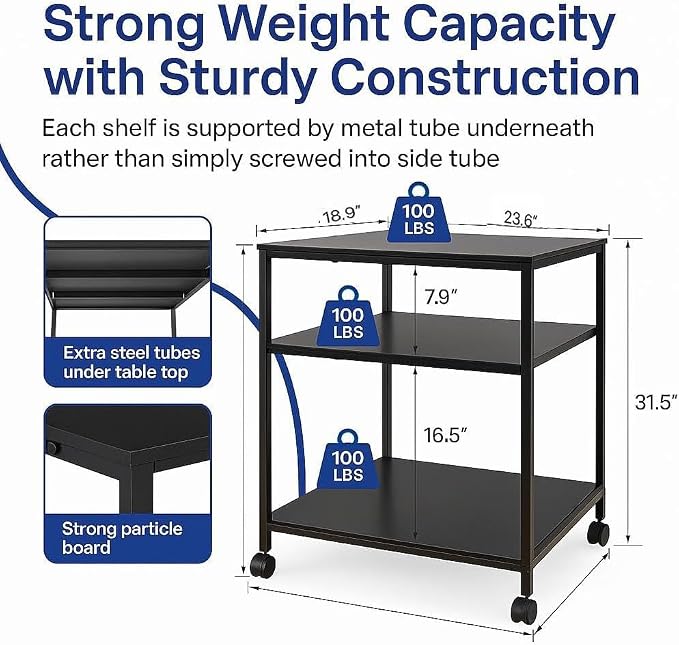 Heavy Duty 3-Tier Printer Stand with Locking Wheels, 23.6"x18.9" *31.5" Large Printer Table Shelf, Holds 100 lbs per Shelf - Fits Most 60" Desks, Perfect for Office, Home, Laser Printer or Mini Fridge
