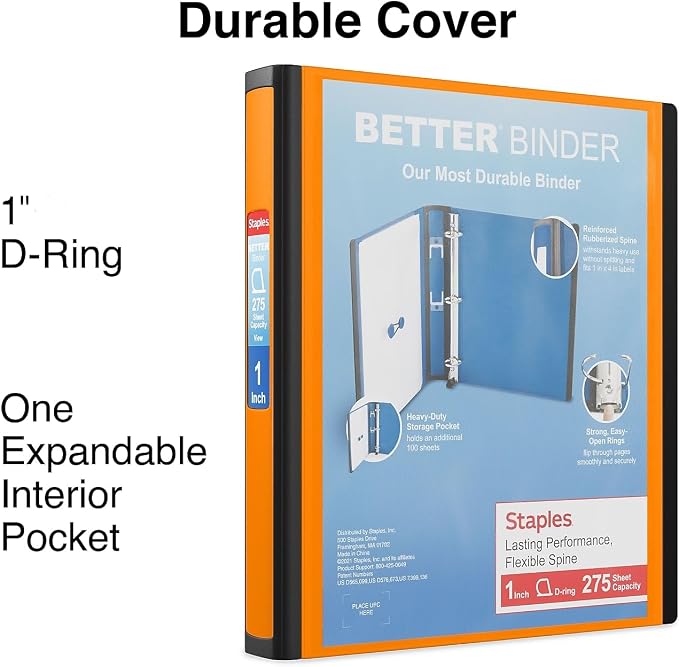 Staples Better Binder, 1-Inch D-Ring 3-Ring View, Orange, Durable | Built for office and school document organization and everyday use.