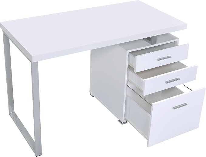 Coaster Home Furnishings Brennan Modern Contemporary Home Office 3-Drawer Writing Desk with Drawers Computer Desk Study Table File Cabinet Storage Silver Metal Frame White 800325