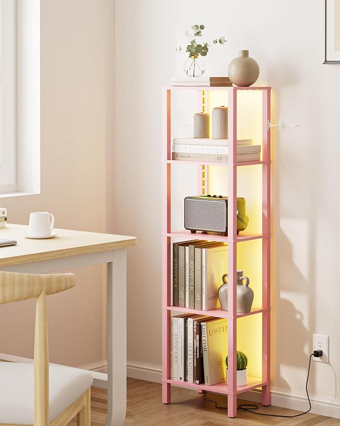 Open Book Shelf with LED Lights, 5 Tier Tall Bookshelf, Freestanding Shelf Narrow Bookcase with Open Shelves, 14.96" x 10.63" x 53.54", Book Shelves for Living Room, Office, Study, Pink