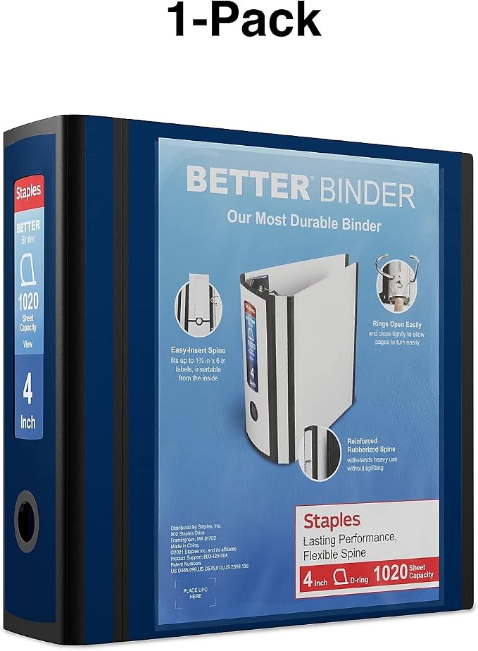 Staples Better 4-Inch D-Ring View Binder, Blue, 800 Sheets | Reinforced spine for high-capacity office and school document storage.