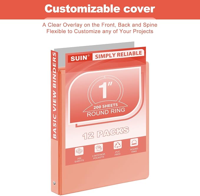 SUIN Basic 1-Inch 3-Ring-Binder, Customizable Clear View Cover, for US Letter Size 8-1/2 x 11'', Perfect for Office/School (Bright Colors -12 Pack)
