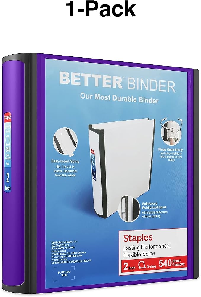 Staples Better 2-Inch 3-Ring Binder, Purple, Heavy-Duty | Reinforced binder built for school and office document organization.