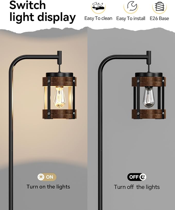 67" Industrial Floor Lamp with Wood & Black Metal Shade, Modern Standing Lamp, Rustic Farmhouse Tall Lamp for Living Room Bedroom Office, 2700K Bulb & Foot Switch Included (Black+ Wood-FL-2522)
