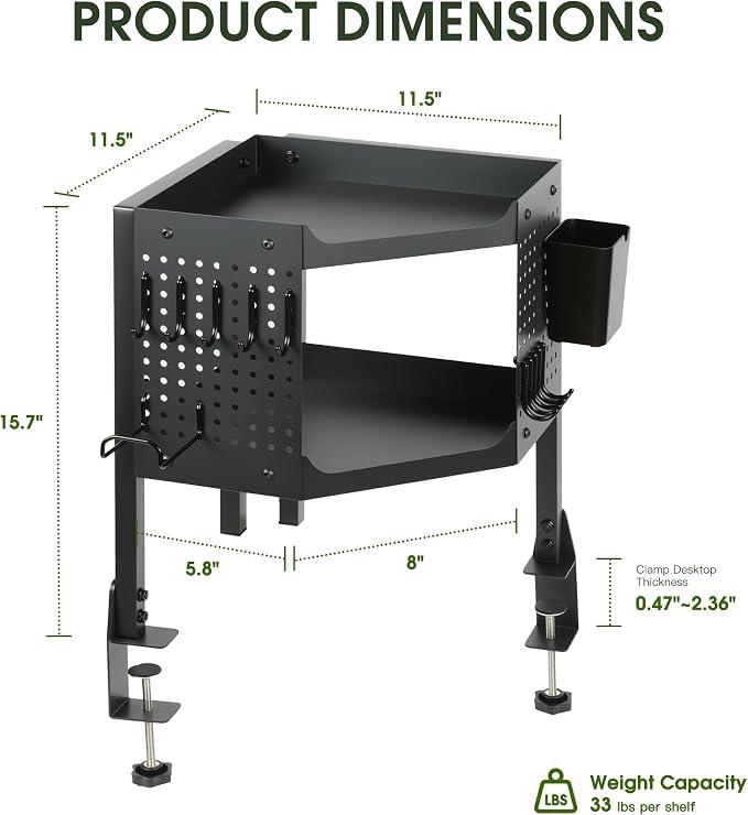2-Tier Metal Clamp On Desk Shelf, Desk Organizer with 2 Pegboards and Hooks | Heavy Duty Corner Desk Shelf with Removable Pegboards Headphone Holder Pencil Cup and Hooks for Desk organizers Accessories